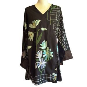 LULUSAR Black Floral Grid Print Wrap KImono Dress Medium Artsy Fusion Eclectic